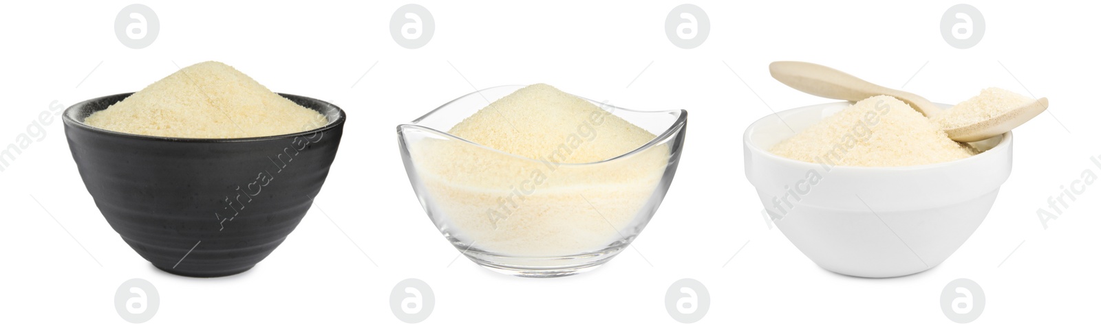 Image of Gelatin powder in bowls on white background, collage. Banner design 