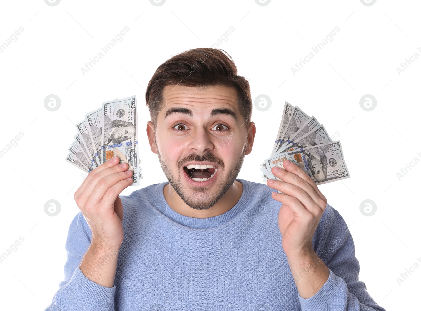 Photo of Portrait of happy young man with money on white background