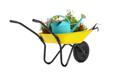 Photo of Wheelbarrow with flowers and gardening tools isolated on white