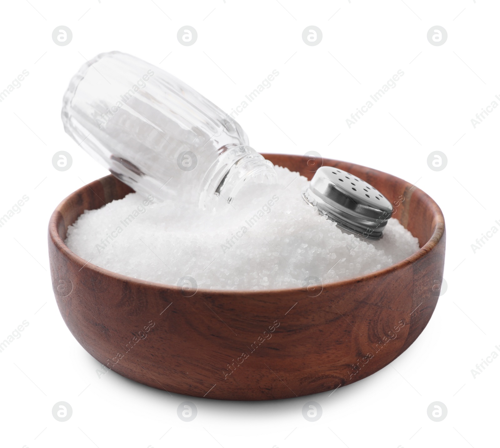 Photo of Natural salt and shaker in bowl isolated on white