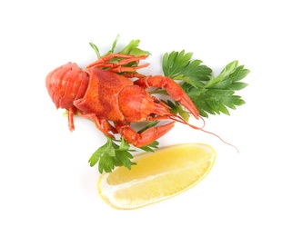 Delicious boiled crayfish with lemon and parsley isolated on white, top view