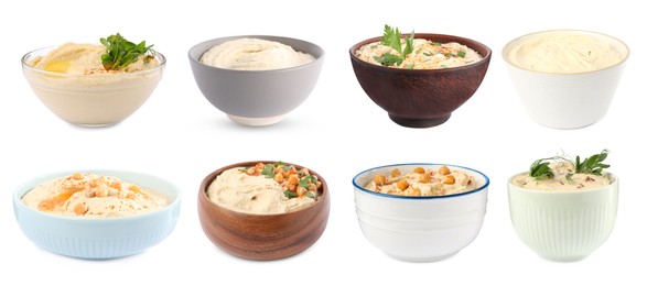Image of Set with tasty hummus on white background. Banner design