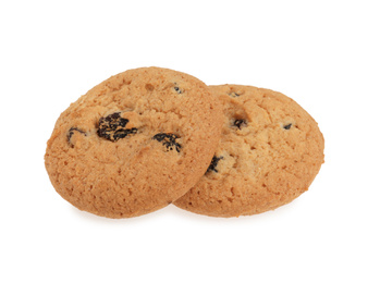 Photo of Delicious cookies with raisins on white background