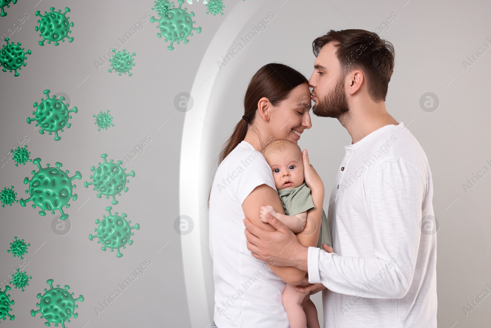 Image of Happy family on grey background. Strong immunity blocking viruses