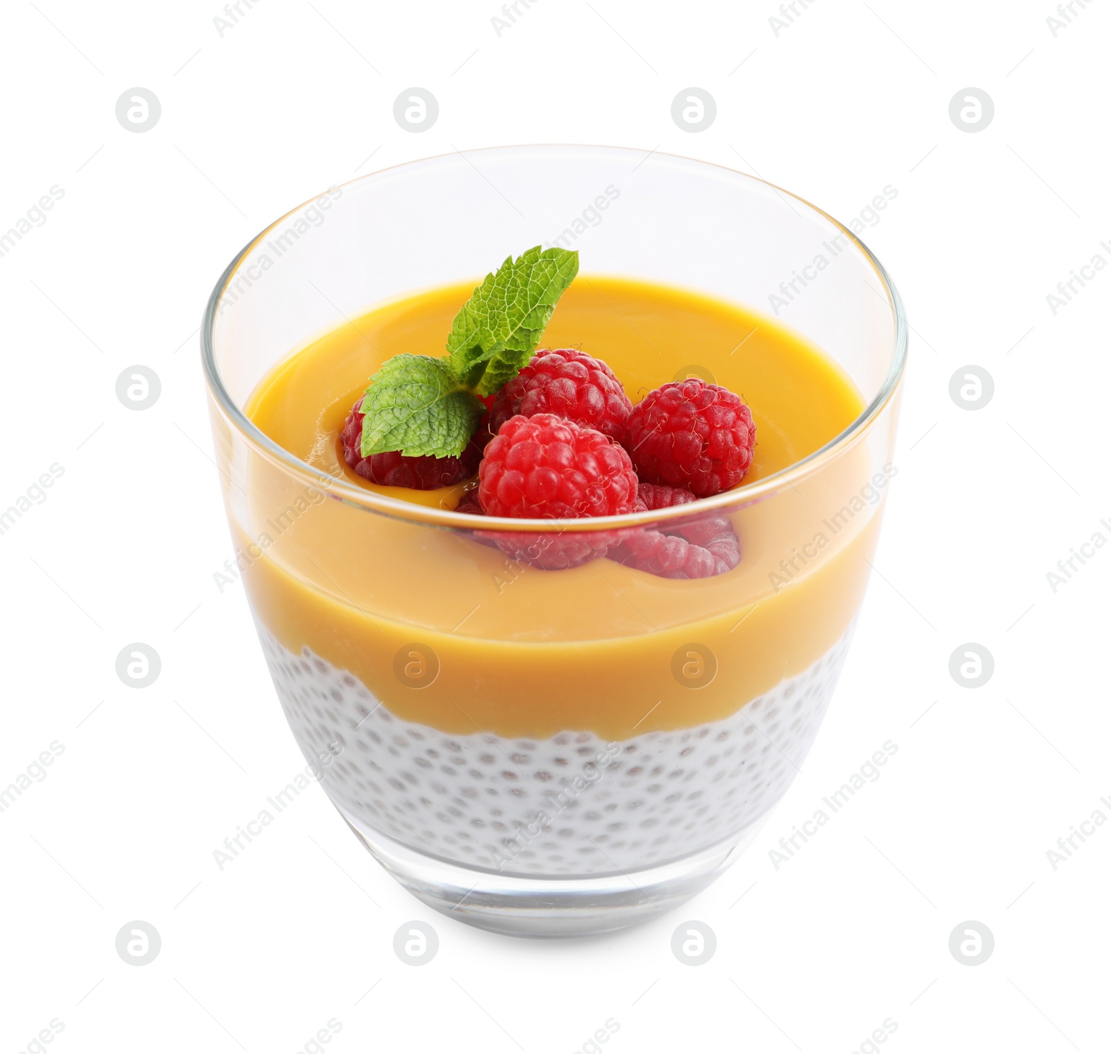 Photo of Delicious chia pudding with mango sauce and raspberries on white background