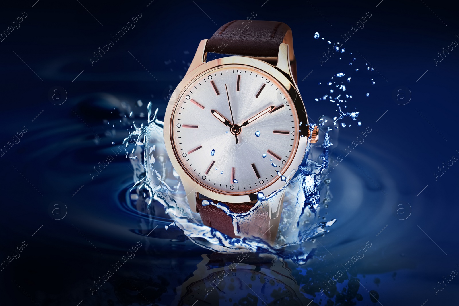 Image of Luxury women's watch in water splashes demonstrating its waterproof