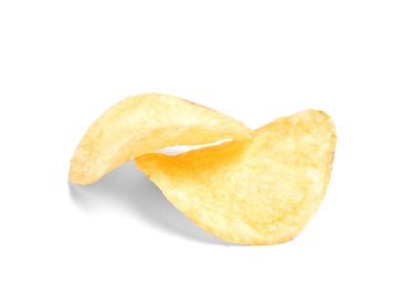 Tasty crispy potato chips on white background