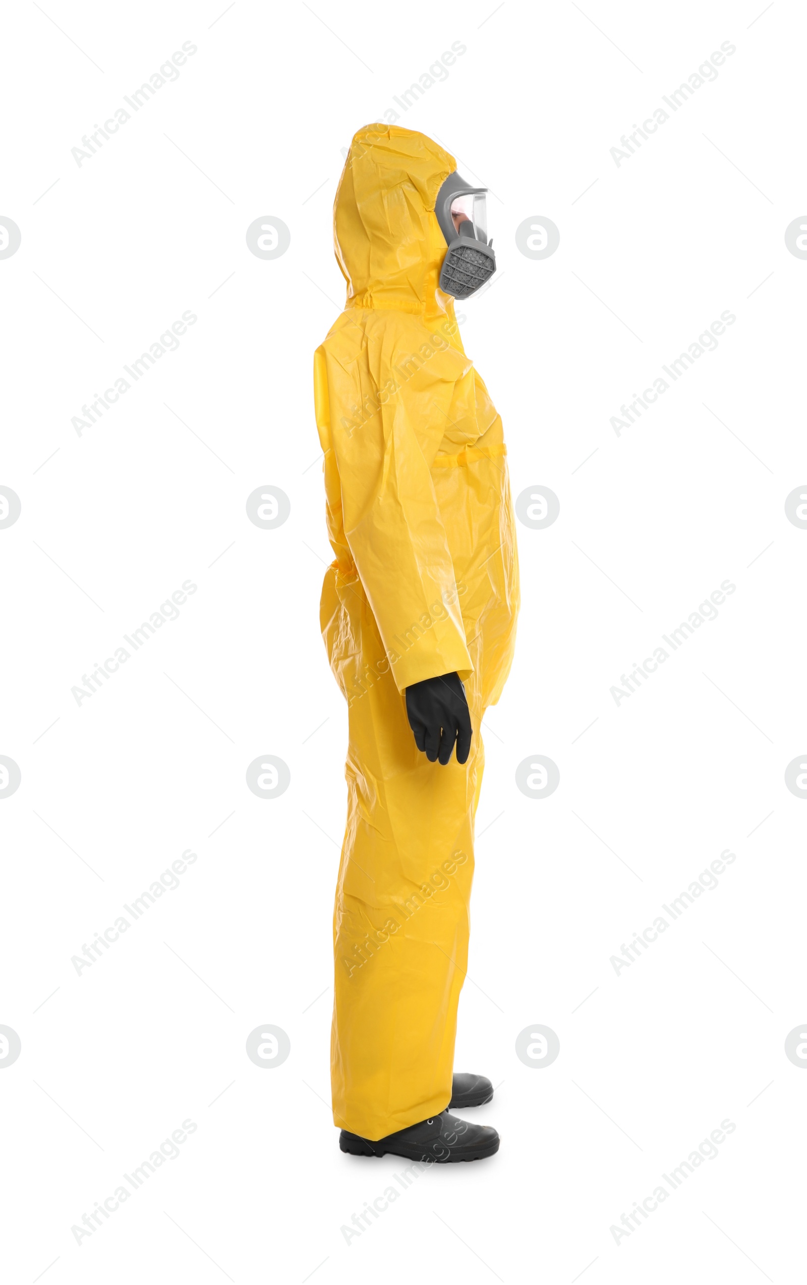 Photo of Man wearing chemical protective suit on white background. Virus research