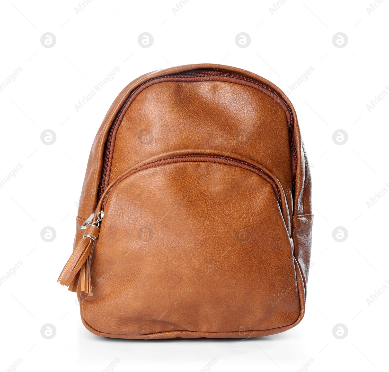 Photo of Stylish brown leather backpack isolated on white