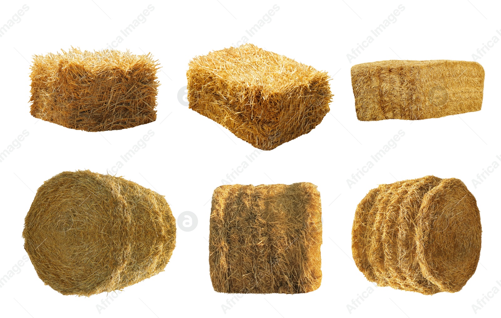 Image of Set of hay bales on white background. Agriculture industry