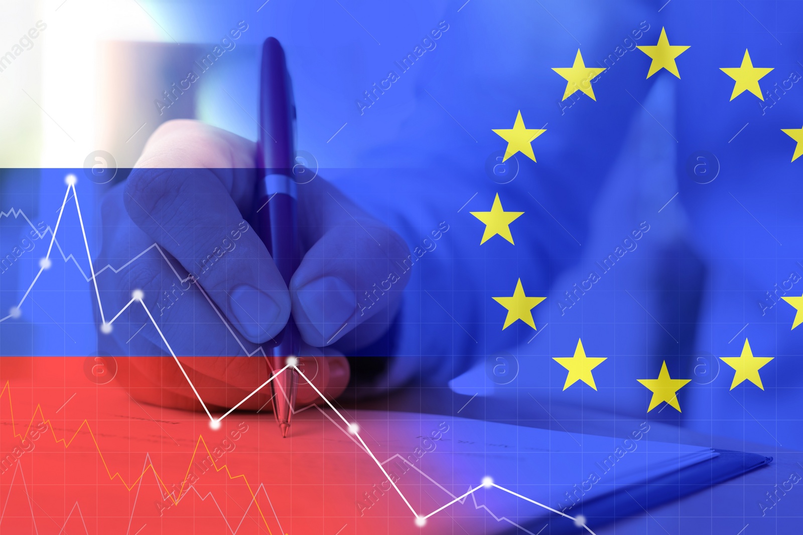 Image of Economic sanctions against Russia because of invasion in Ukraine. Multiple exposure of European and Russian flags and man signing document at table, closeup