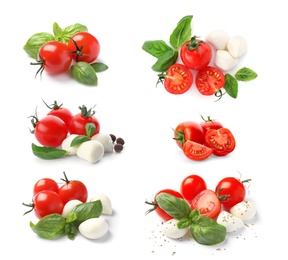 Image of Set of ripe red tomatoes, basil leaves and mozzarella balls on white background
