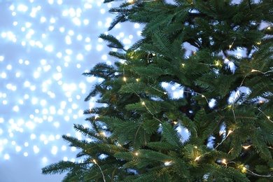 Photo of Christmas tree with fairy lights against blurred background