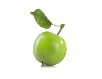 Photo of Fresh green apple with leaf isolated on white