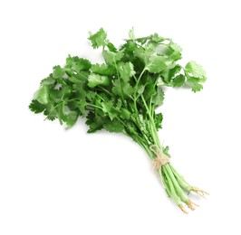 Photo of Bunch of fresh coriander on white background, top view