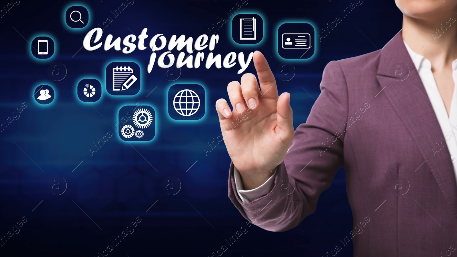 Image of Customer journey concept. Woman pointing at virtual screen with different icons on dark background, closeup