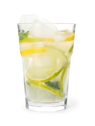 Photo of Glass of citrus refreshing drink with ice cubes on white background