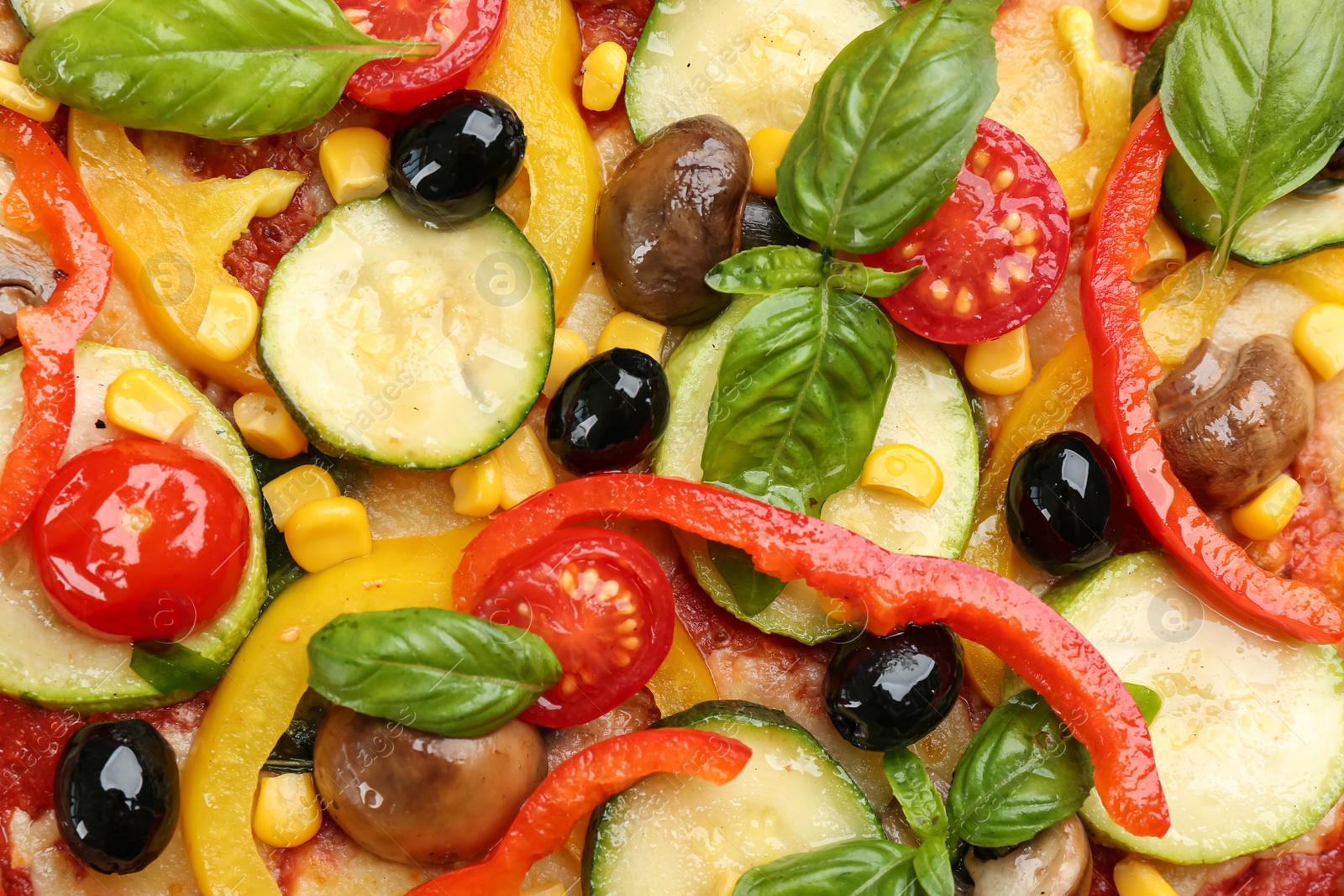 Photo of Delicious vegetable pizza as background, top view