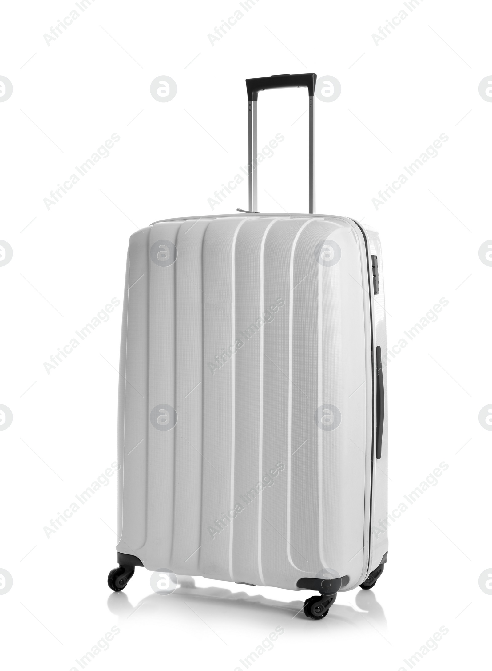 Photo of Modern suitcase for travelling on white background