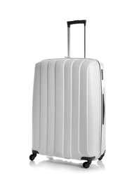 Modern suitcase for travelling on white background