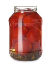 Jar of pickled tomatoes isolated on white