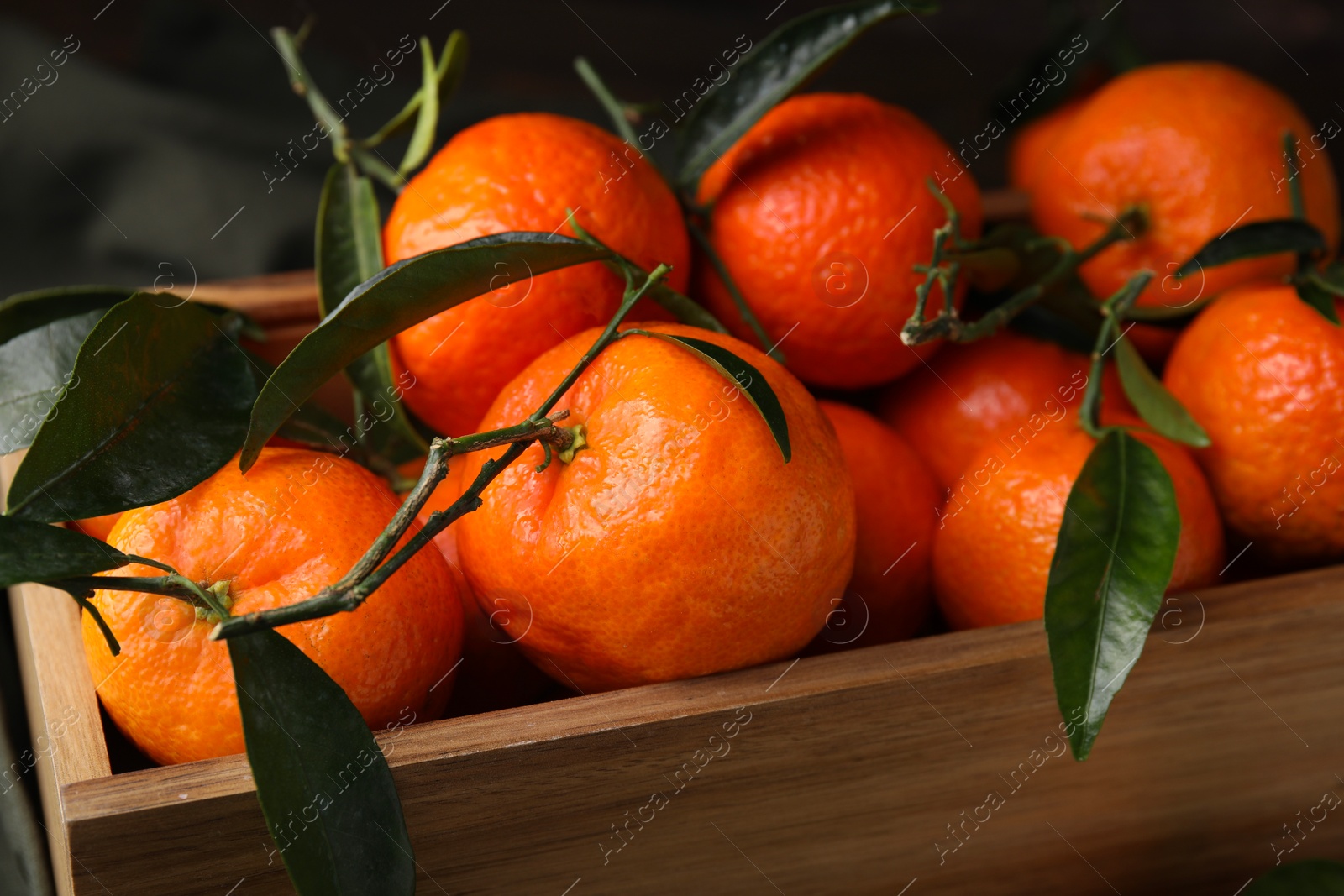 Photo of Fresh ripe tangerines with green leaves in wooden crate, closeup