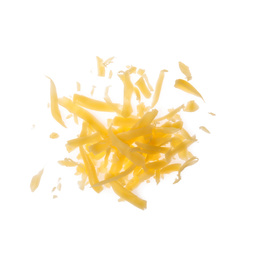 Photo of Pile of grated cheese on white background