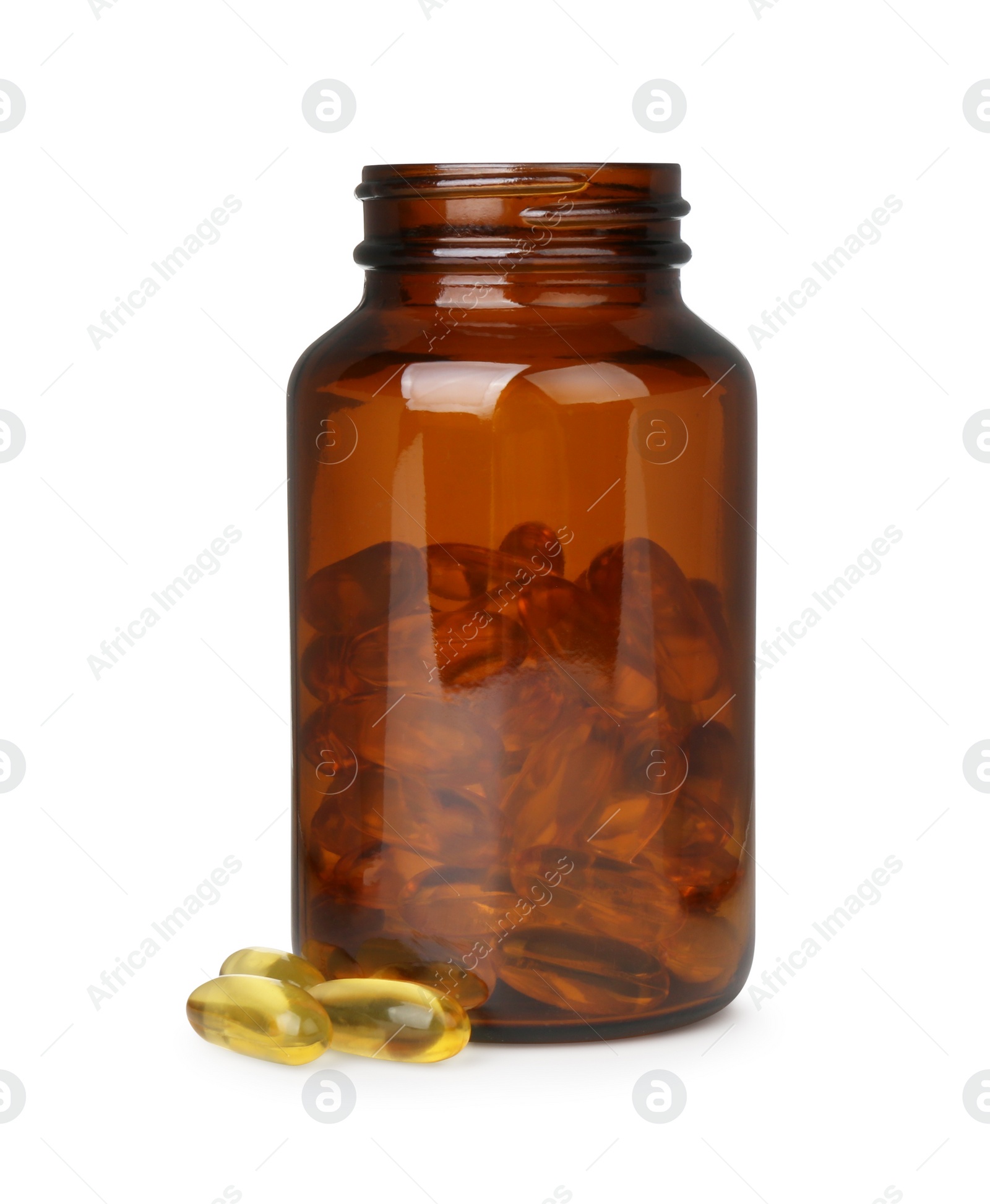 Photo of Jar and vitamin capsules isolated on white