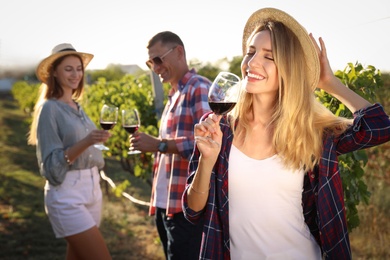 Beautiful young woman with glass of wine and her friends in vineyard on sunny day