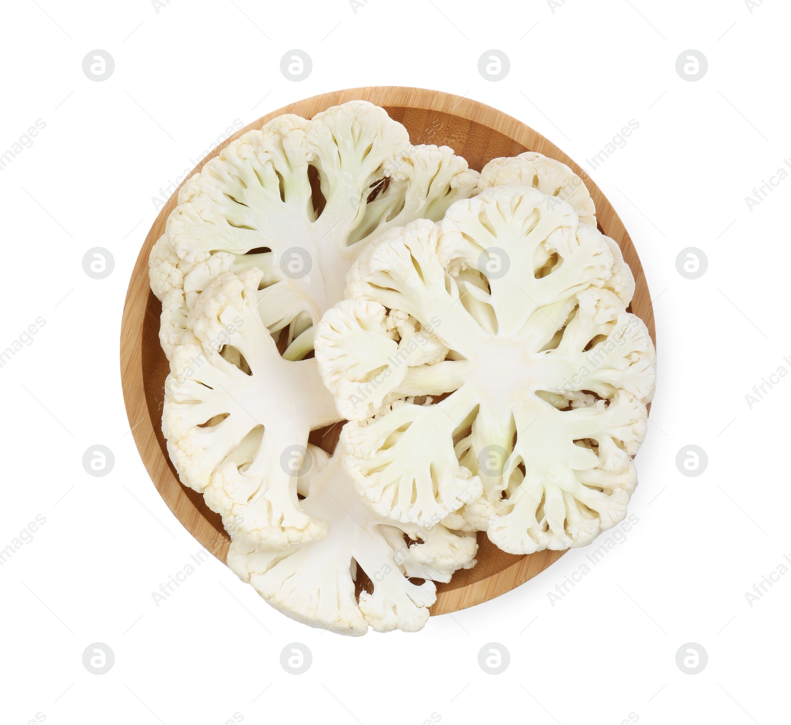 Photo of Wooden plate with cut cauliflowers on white background, top view