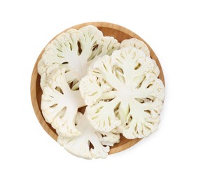 Wooden plate with cut cauliflowers on white background, top view