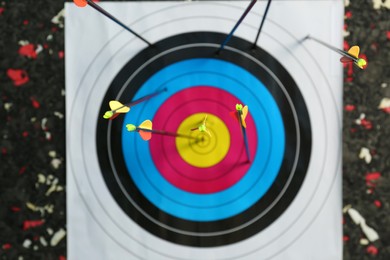 Photo of Many arrows in archery target, closeup view
