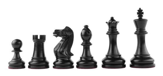 Photo of Row of black chess pieces on white background