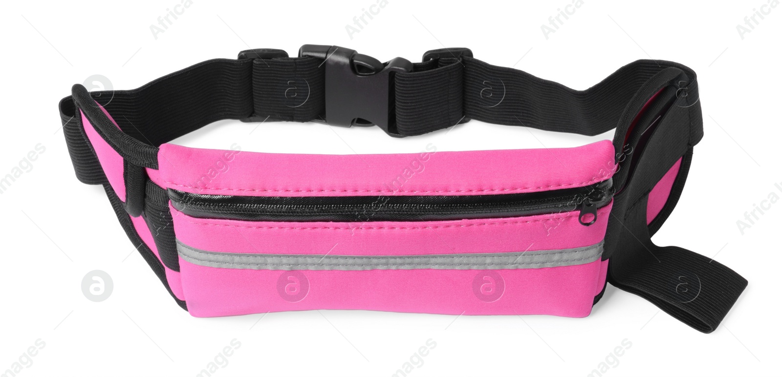 Photo of Stylish pink waist bag on white background