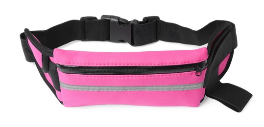 Photo of Stylish pink waist bag on white background