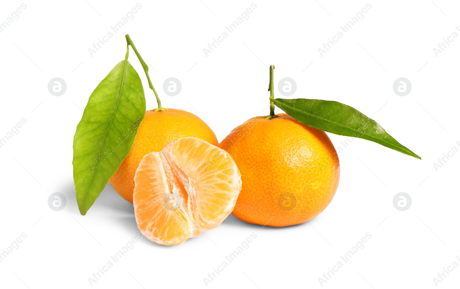 Photo of Fresh tangerines with green leaves isolated on white