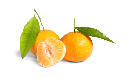 Photo of Fresh tangerines with green leaves isolated on white