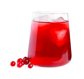 Photo of Tasty cranberry juice with ice cubes in glass and fresh berries isolated on white