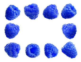 Set of fresh blue raspberries on white background