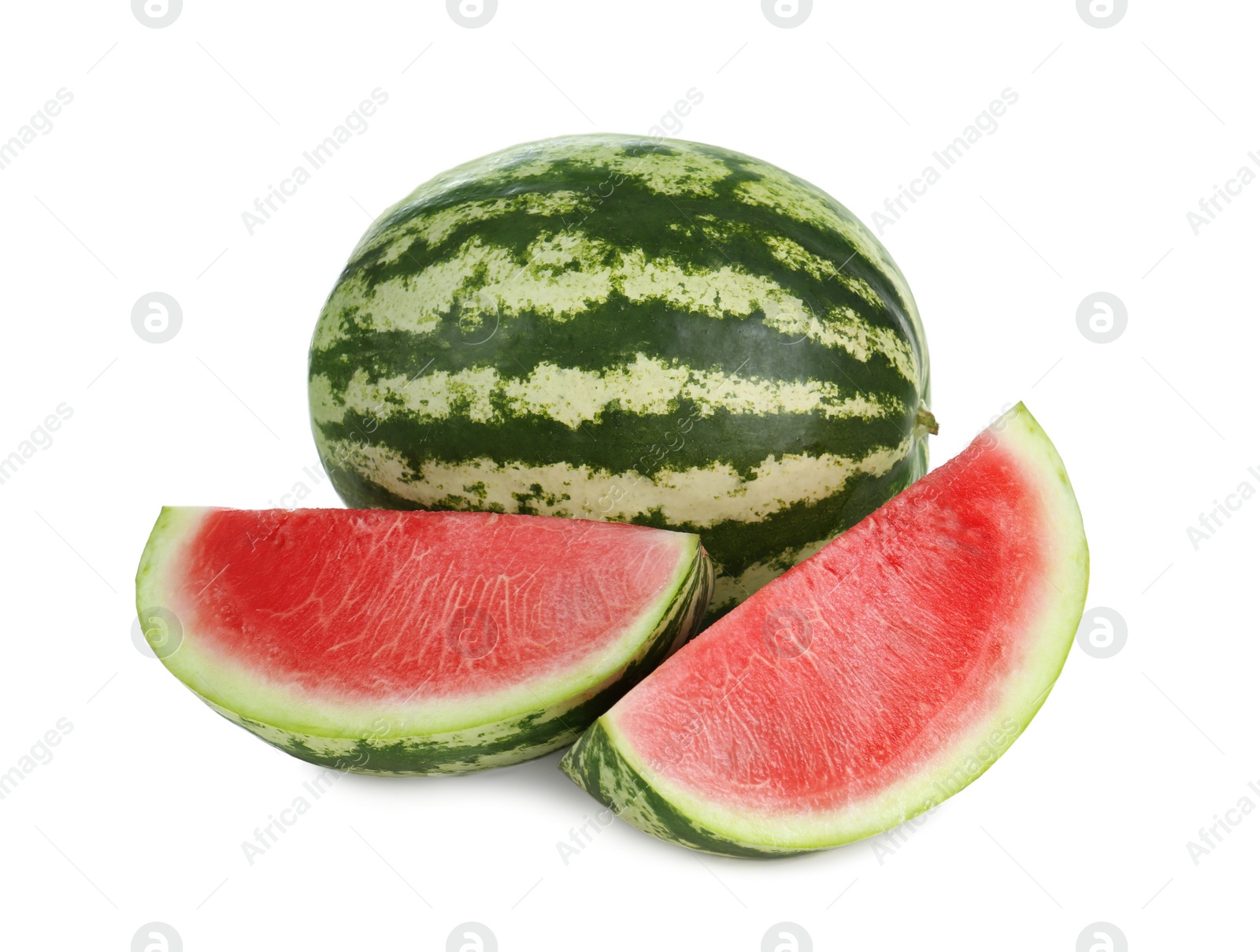 Photo of Delicious whole and cut watermelons isolated on white