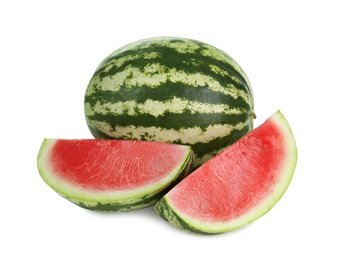 Delicious whole and cut watermelons isolated on white