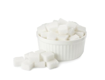 Photo of Bowl and sugar cubes isolated on white