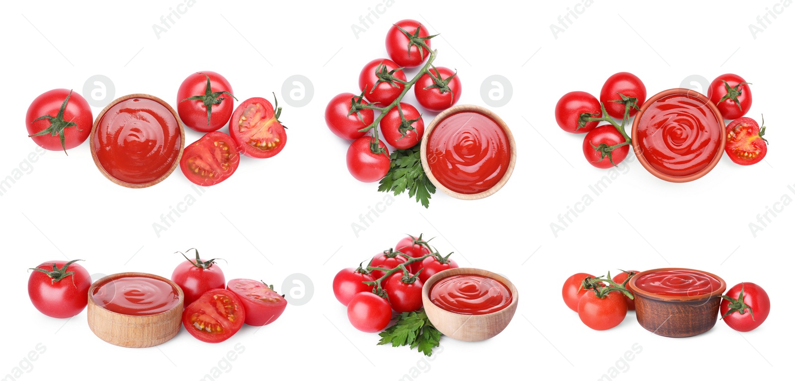 Image of Set of tasty ketchup in bowls with fresh tomatoes and parsley on white background, different views