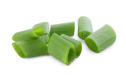 Photo of Pile of fresh green onion isolated on white