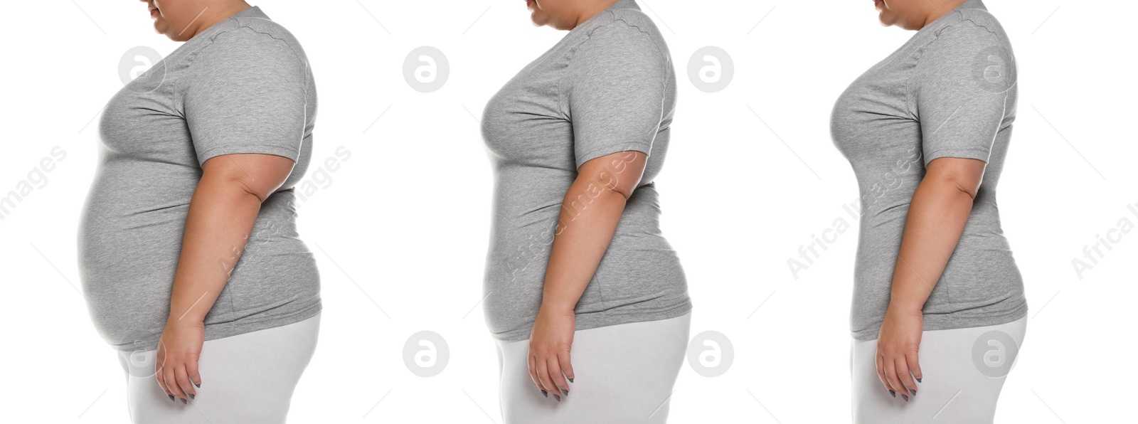 Image of Collage with photos of overweight woman before and after weight loss on white background,closeup. Banner design 