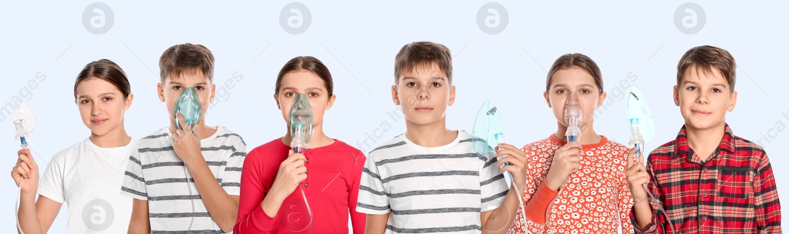 Image of Inhalation therapy. Collage with photos of kids using nebulizers on light background