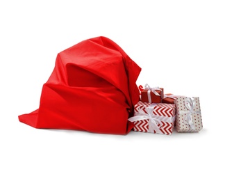 Photo of Santa Claus red bag full of presents on white background