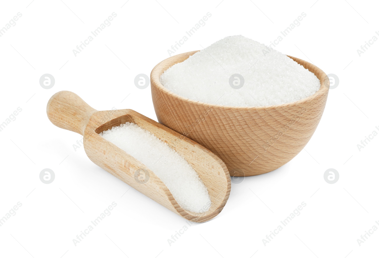 Photo of Granulated sugar in bowl and scoop isolated on white