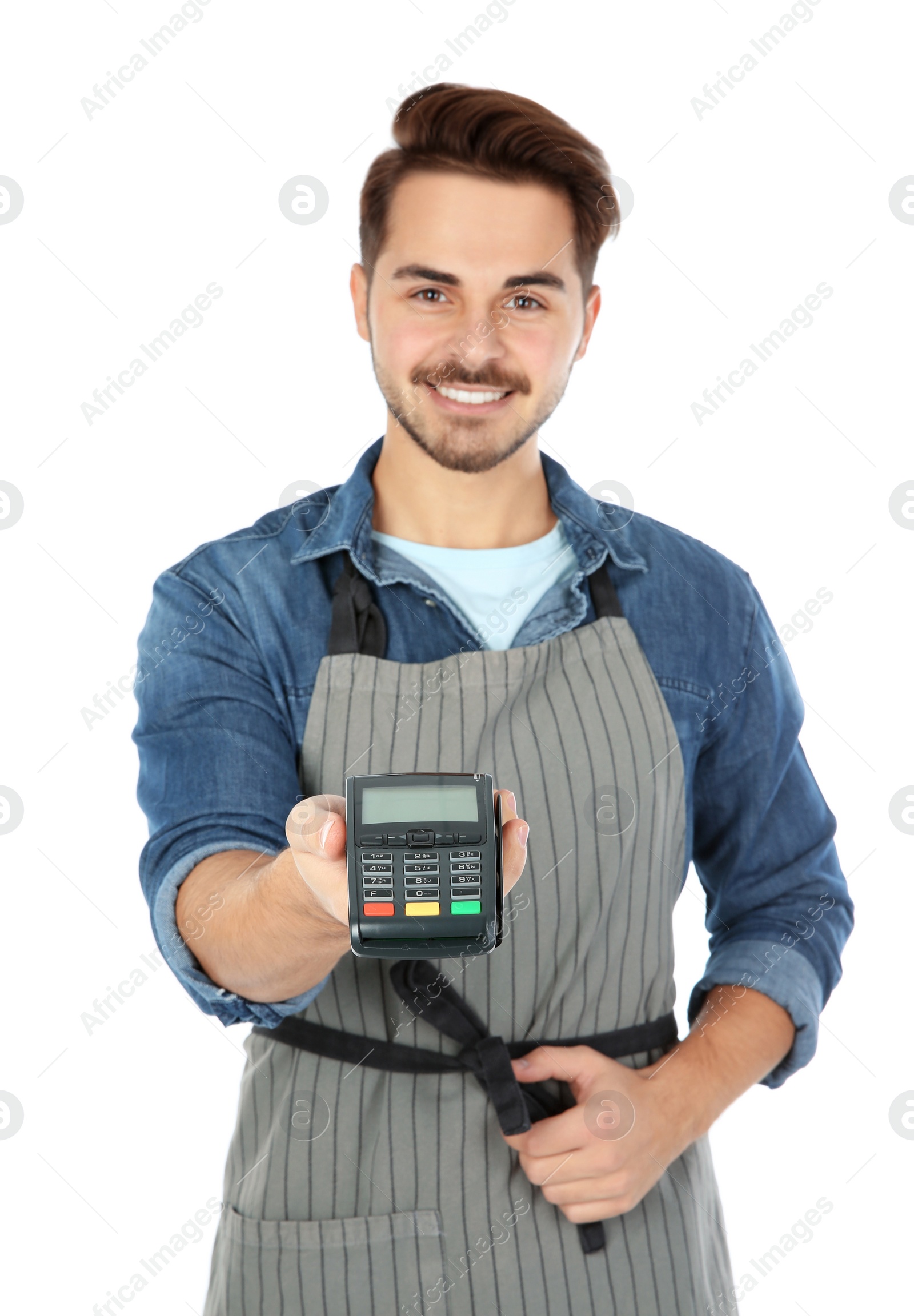 Photo of Waiter with terminal for contactless payment on white background