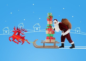 Winter holidays bright artwork. Santa Claus with reindeers delivering gifts on light blue background, creative collage